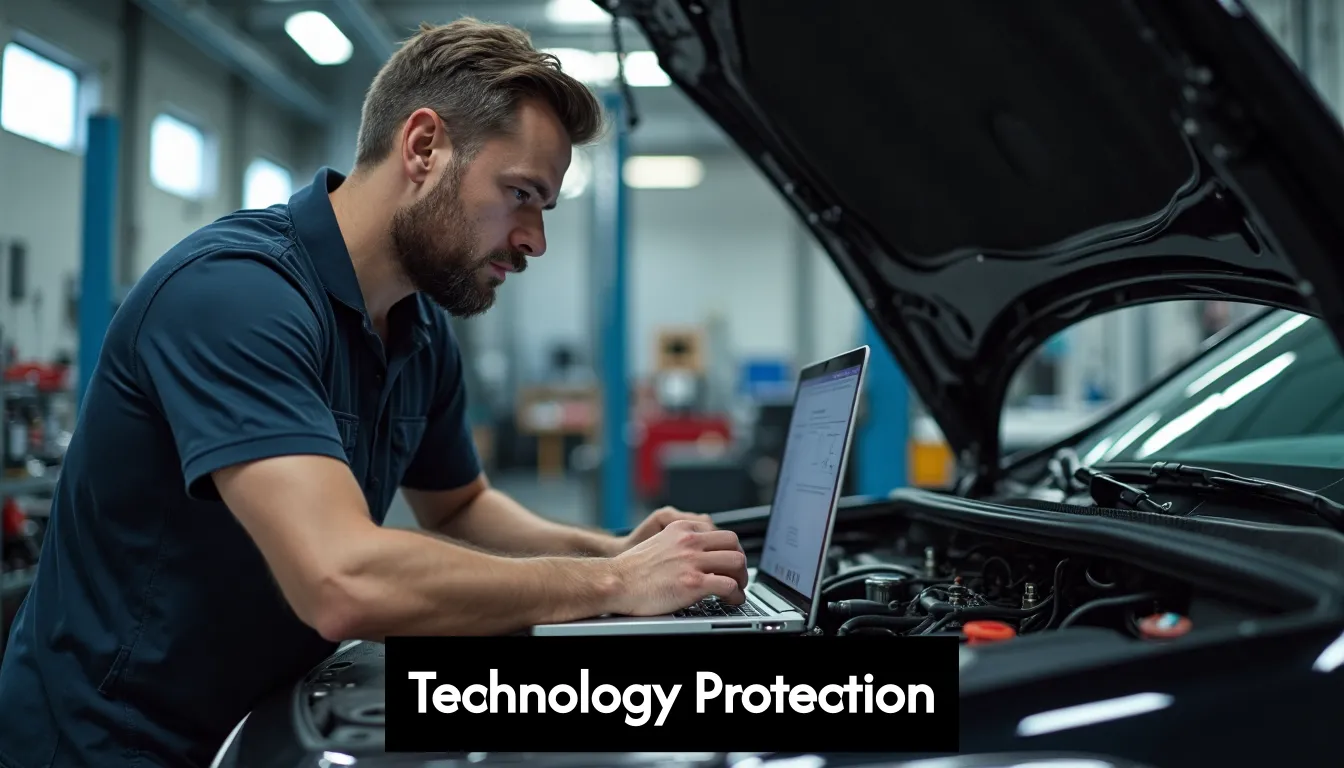 Mechanic repairing advanced car electronics