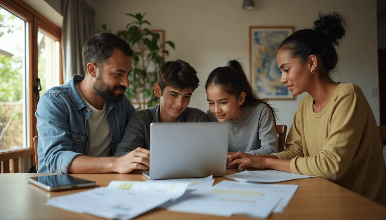 Family comparing auto insurance options at home table