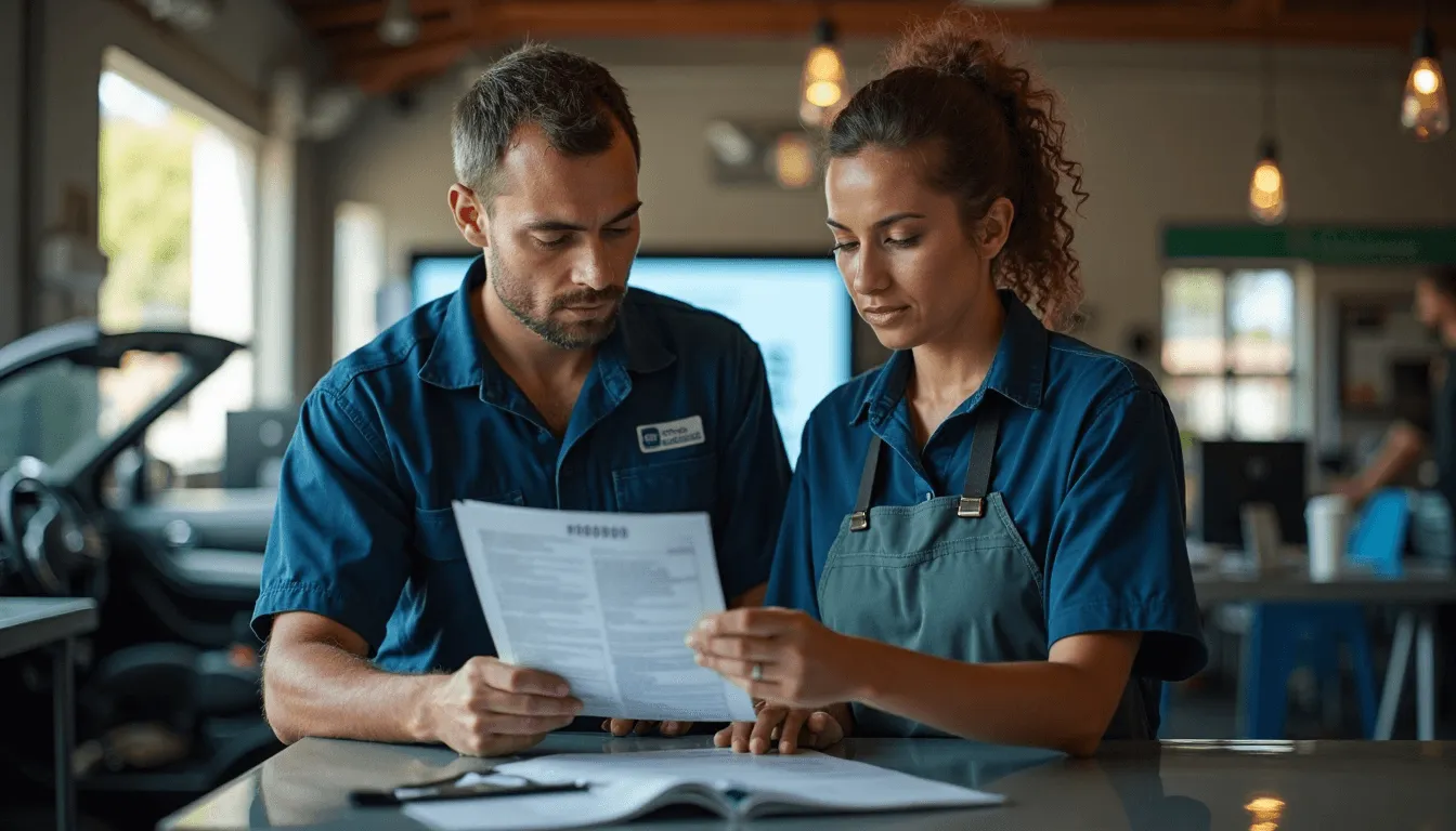 Mechanic and customer discuss repairs, Insurance Scams alert on monitor.