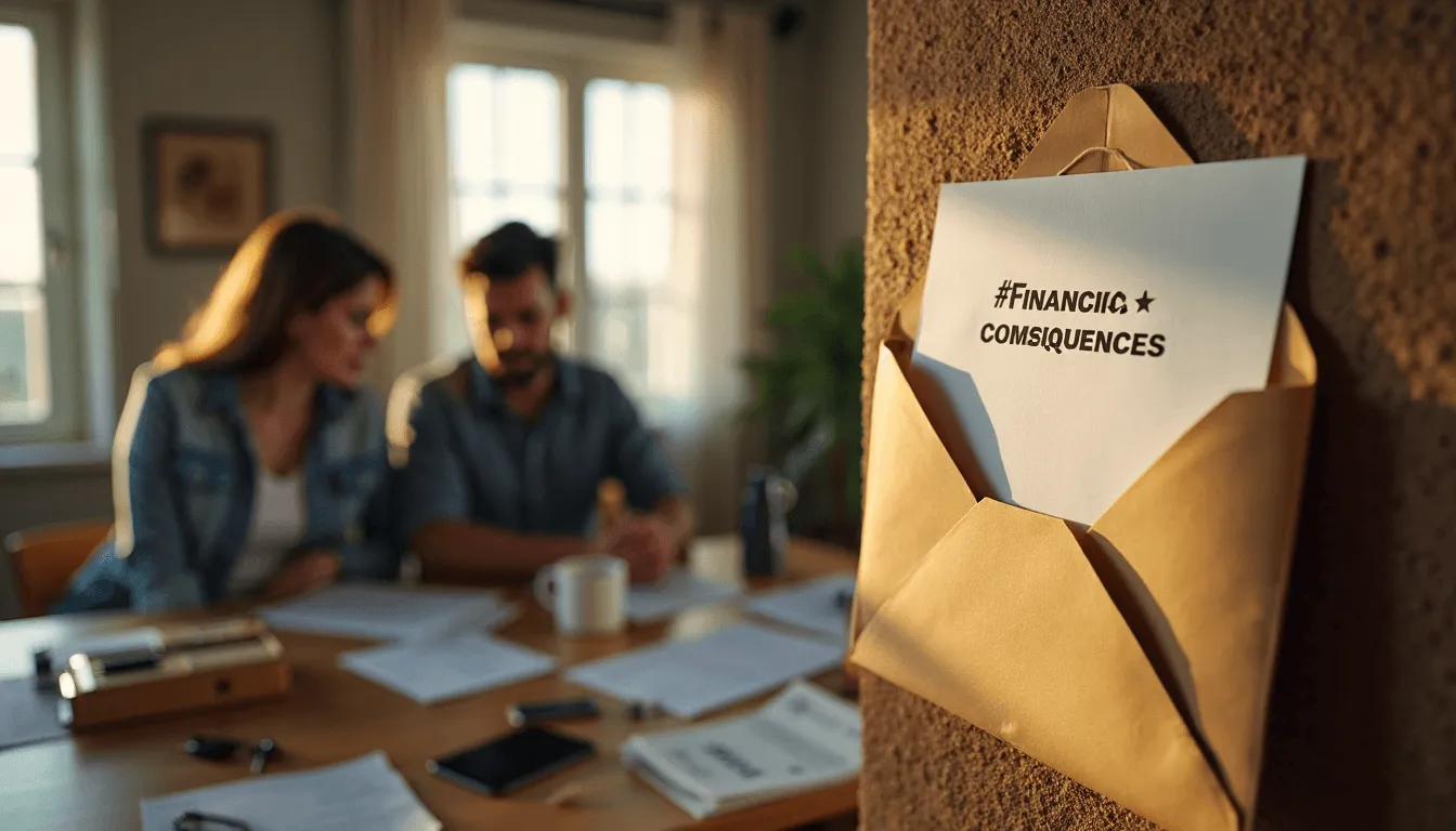 Couple with paperwork and 'Financial Consequences' insurance label on wall