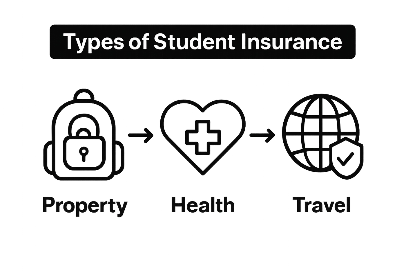 Infographic showing types of student insurance: property, health, and travel
