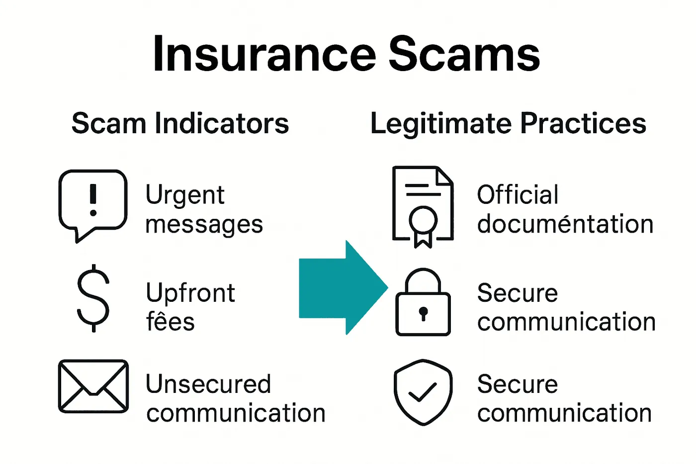 Infographic visually contrasts scam tactics with legitimate insurer practices.