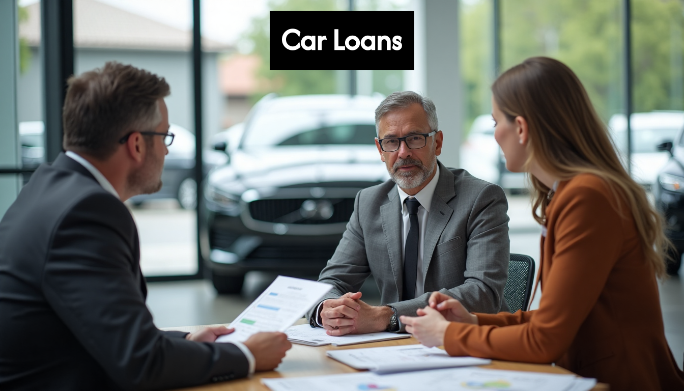 Bank officer explaining car loan and insurance to couple