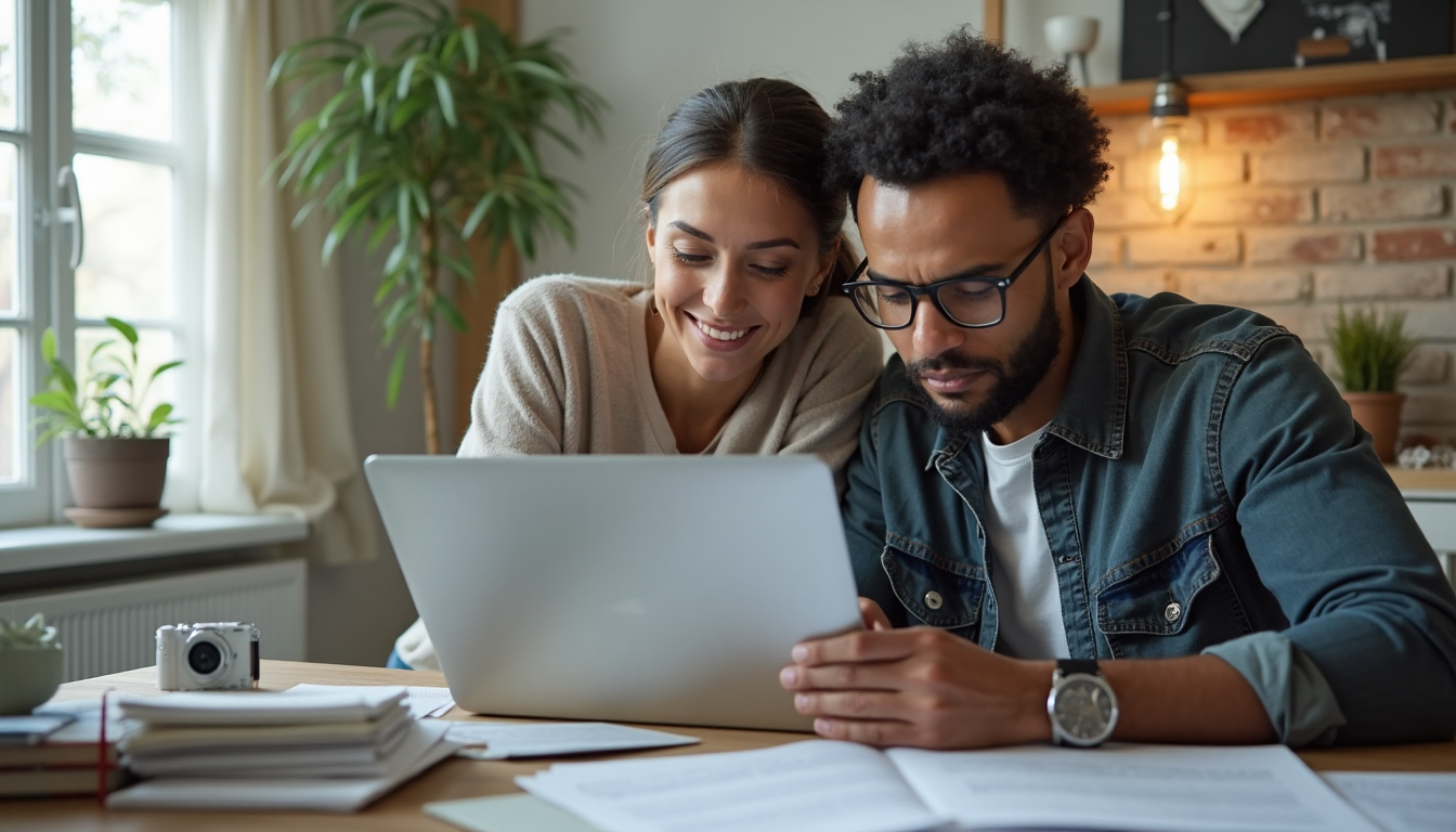 Couple reviewing insurance policy together at home desk