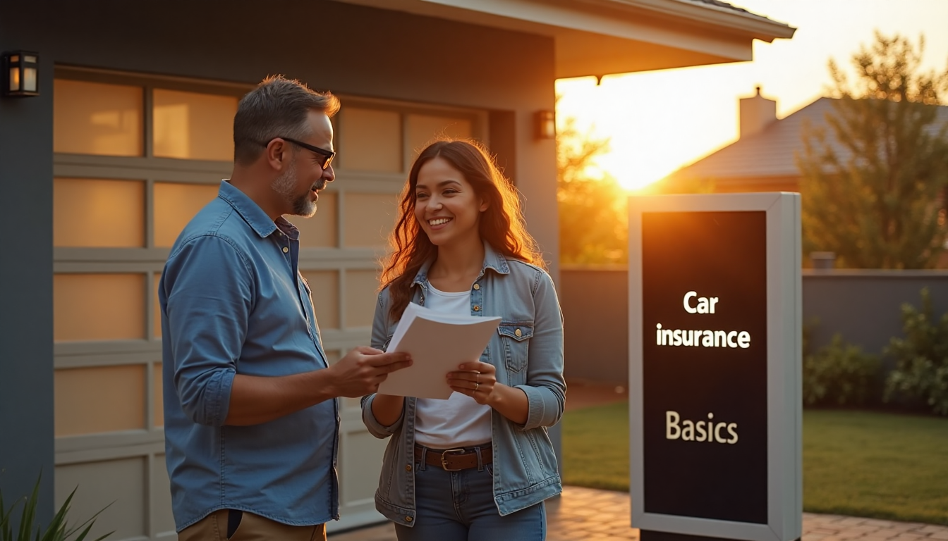 Couple reading car insurance by car in morning light