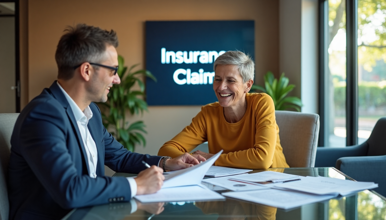 Two adults reviewing insurance paperwork in bright office lobby