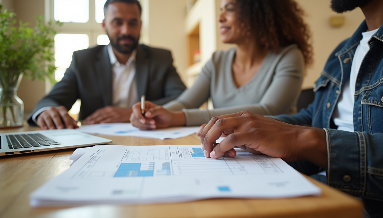 Couple reviewing car insurance renewal documents at home table