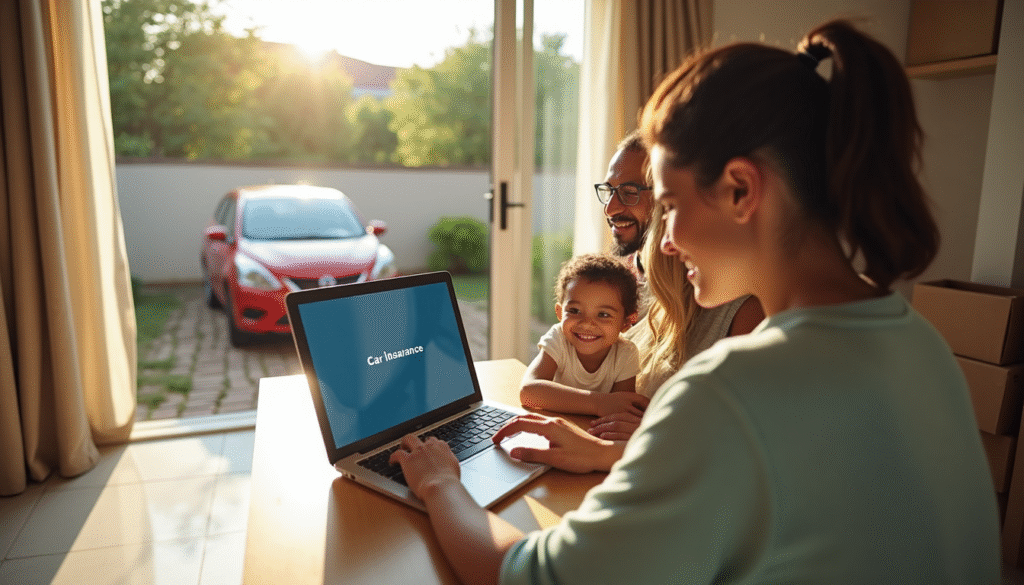 Family moving house reviewing car insurance at kitchen counter