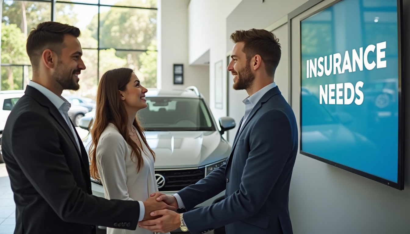 Customers shaking hands with car salesman in sunny dealership
