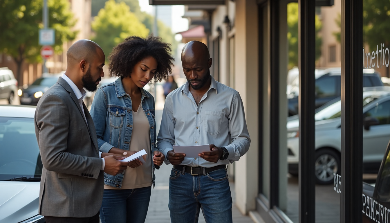 People discuss outside car insurance office, Fraud Risks banner visible.