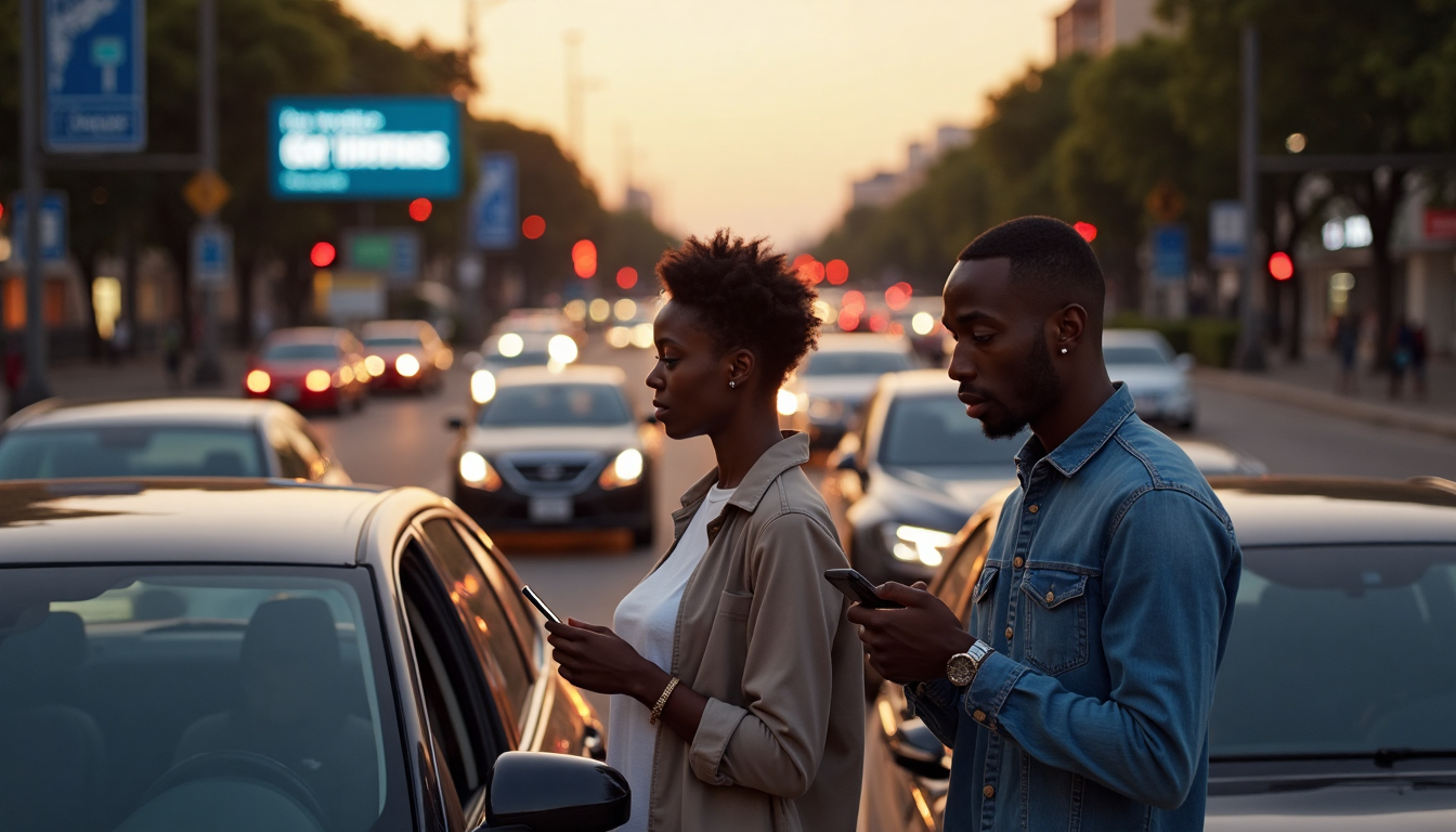 South African couple with their car at city intersection, checking insurance info, relevant to vehicle insurance myths.