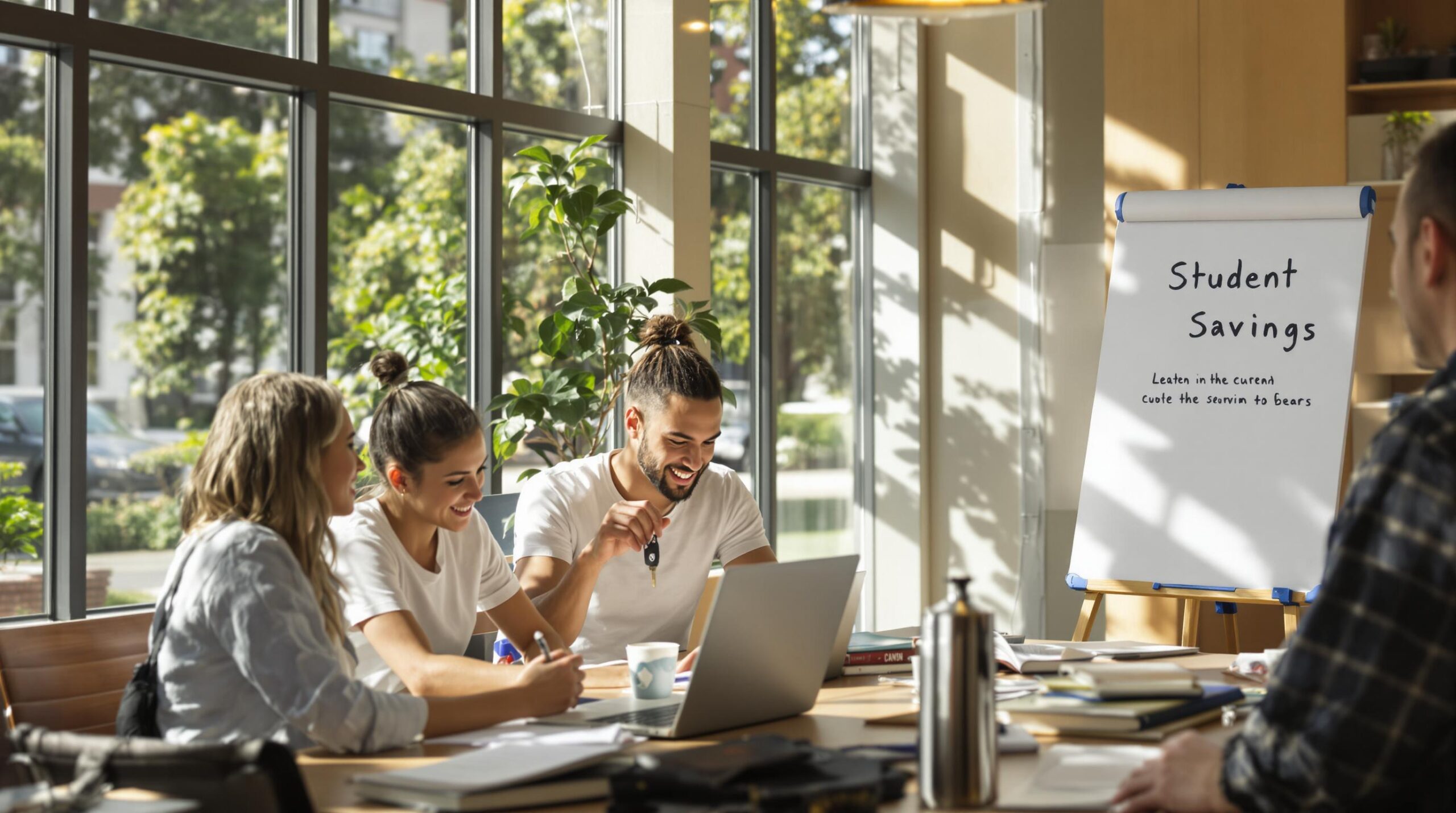 Students review car insurance options with laptops and keys in dorm