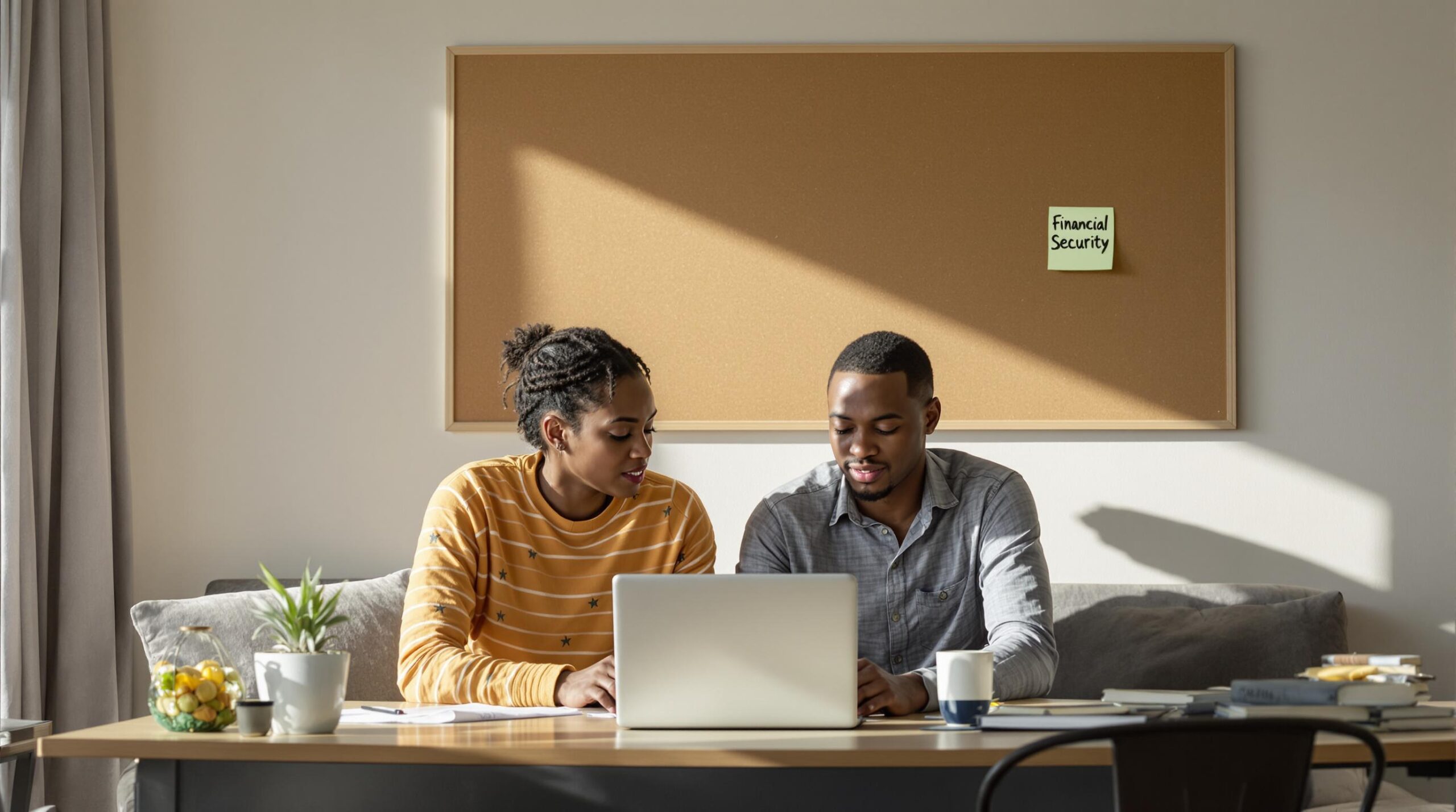 Couple reviewing insurance papers for financial security at home