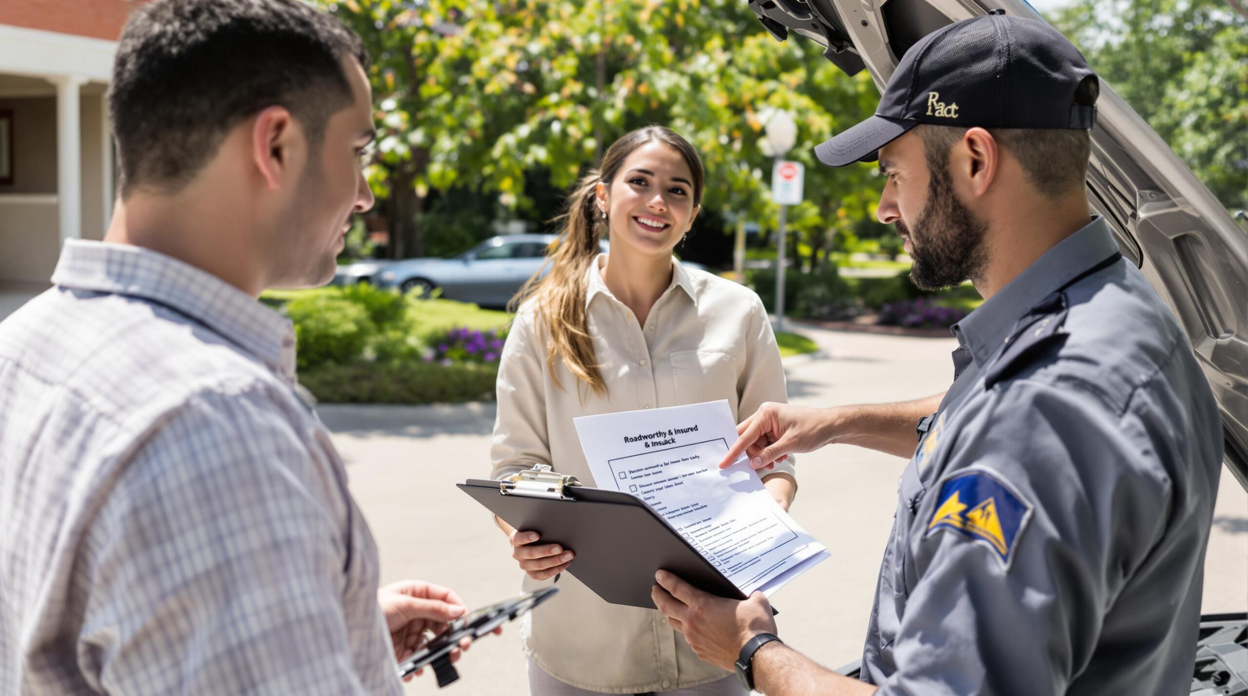Car owner, insurance agent, and mechanic review paperwork by open-hood car