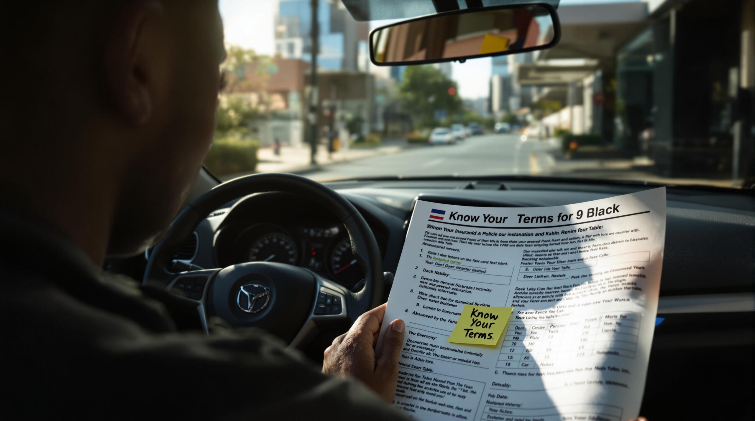 Driver in car reading insurance policy, 'Know Your Terms' note visible