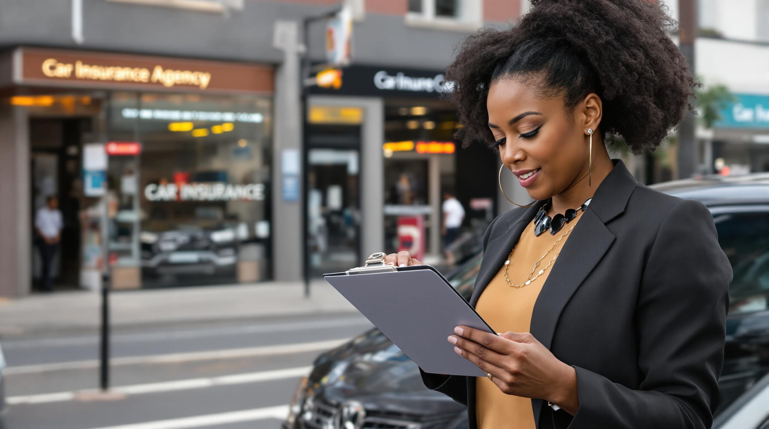 South African woman reviewing car insurance documents near car in city