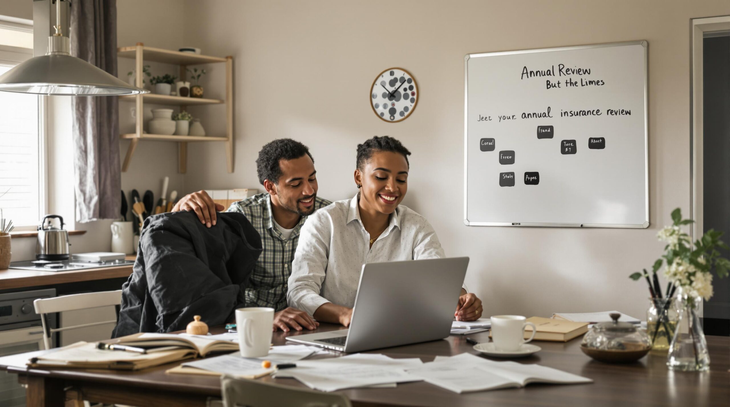 Couple reviewing insurance documents at a kitchen table with 'Annual Review' written on whiteboard