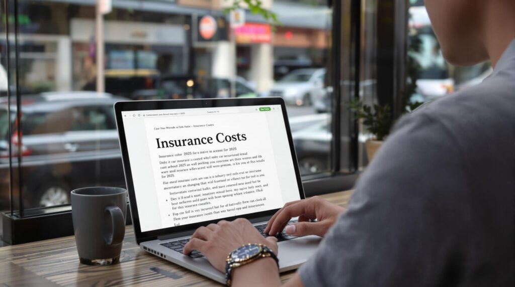 Urban scene of driver reviewing car insurance costs on a laptop in South Africa