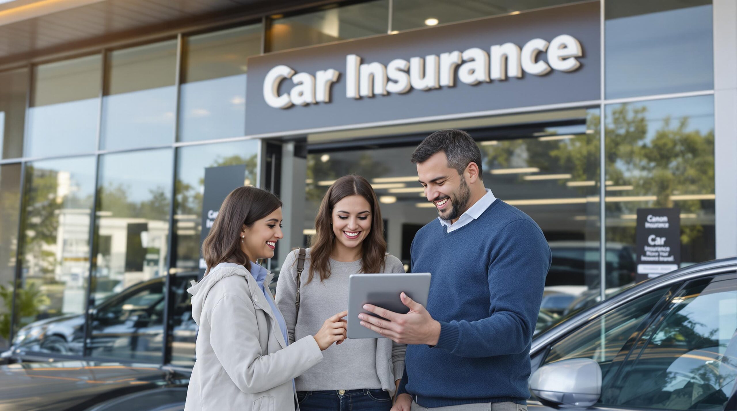 Young couple with dealer reviewing new car and insurance options at dealership