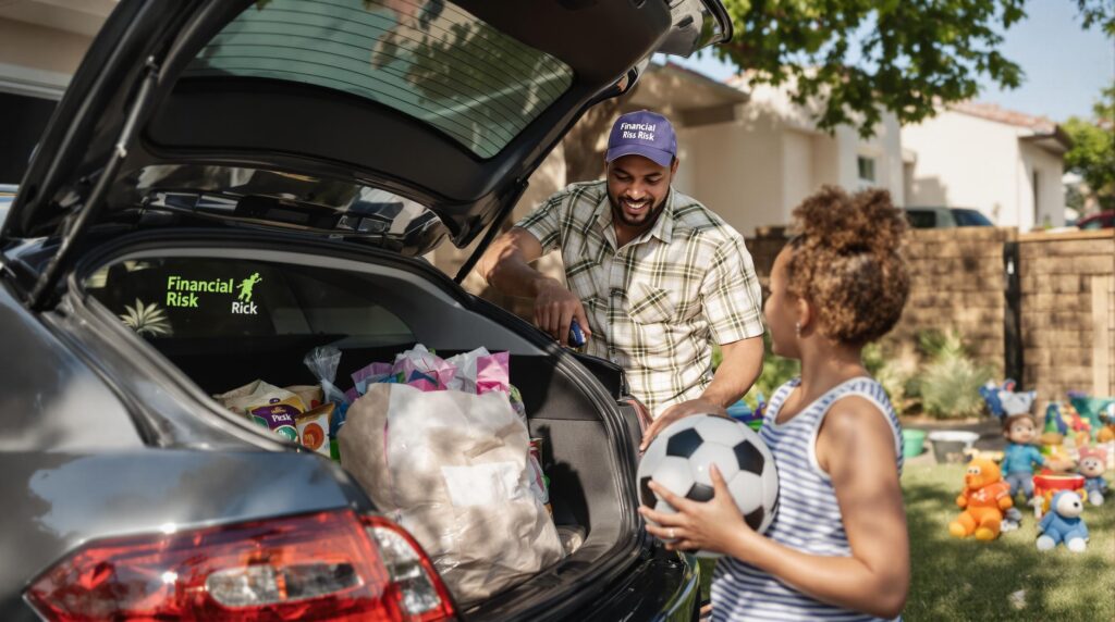 Family loading car at home, 'Financial Risk' on vehicle, illustrating car insurance risk