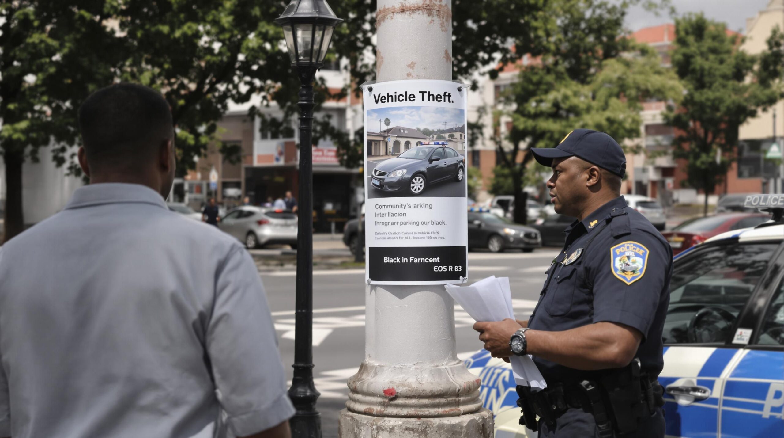 Concerned car owner speaking to police after vehicle theft in South Africa