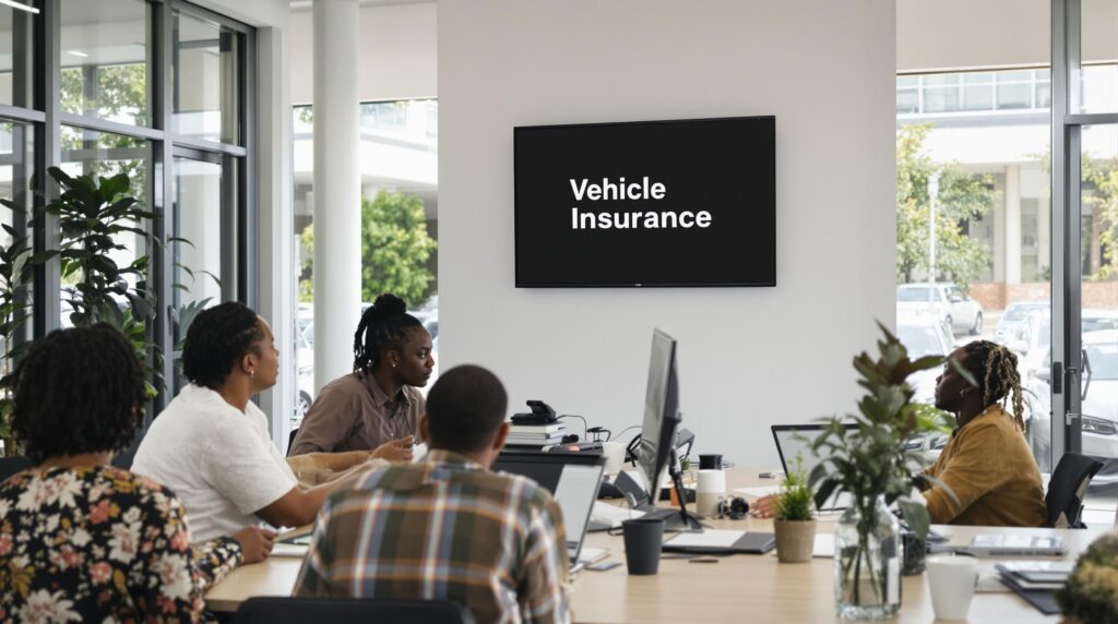 Drivers discuss car insurance at office table with insurance papers and cars visible outside