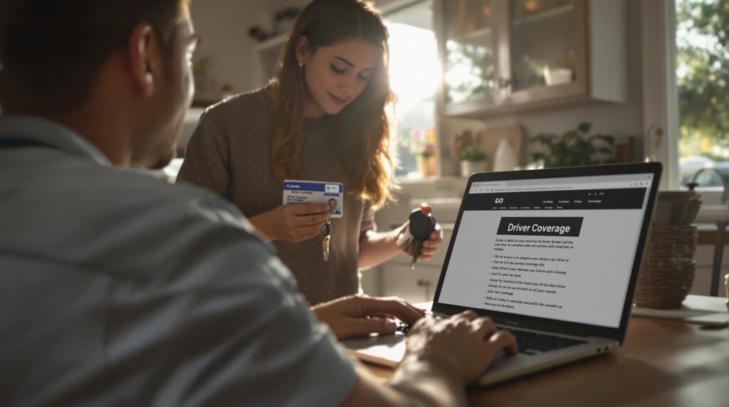 Family adding teen to car insurance with documents and laptop.