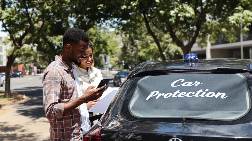 Two young adults near a car discussing insurance, 'Car Protection' text visible.