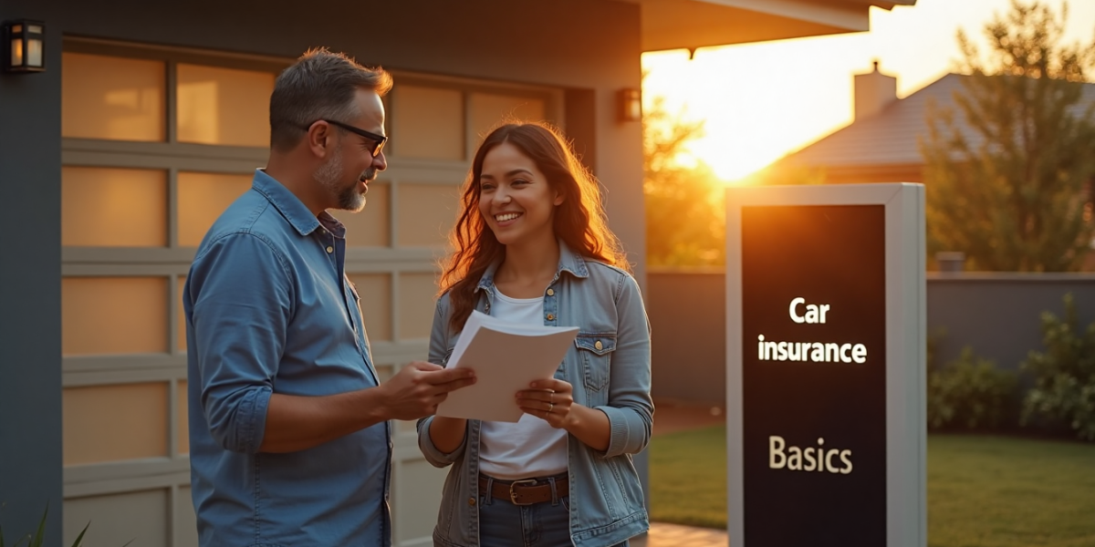 Couple reading car insurance by car in morning light