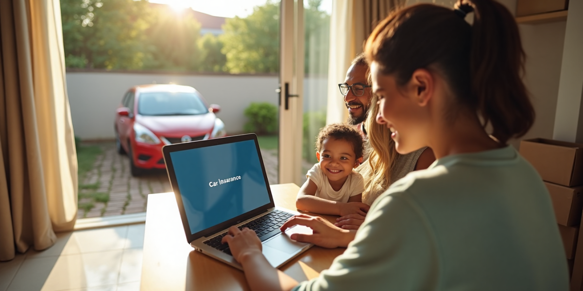 Family moving house reviewing car insurance at kitchen counter