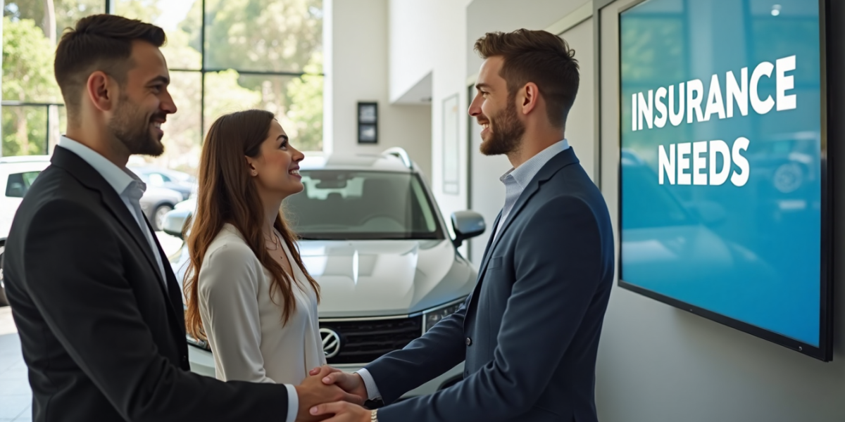 Customers shaking hands with car salesman in sunny dealership