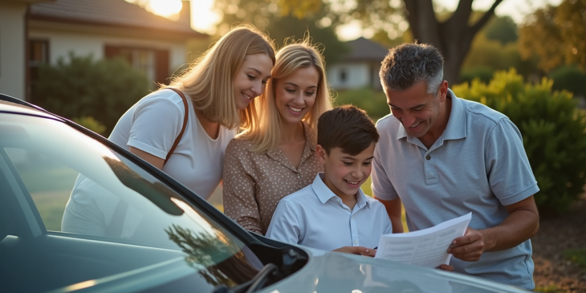 Family and teenage driver reviewing car insurance by car