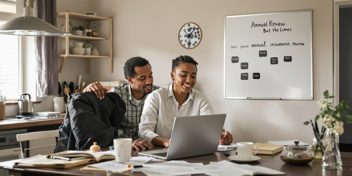 Couple reviewing insurance documents at a kitchen table with 'Annual Review' written on whiteboard