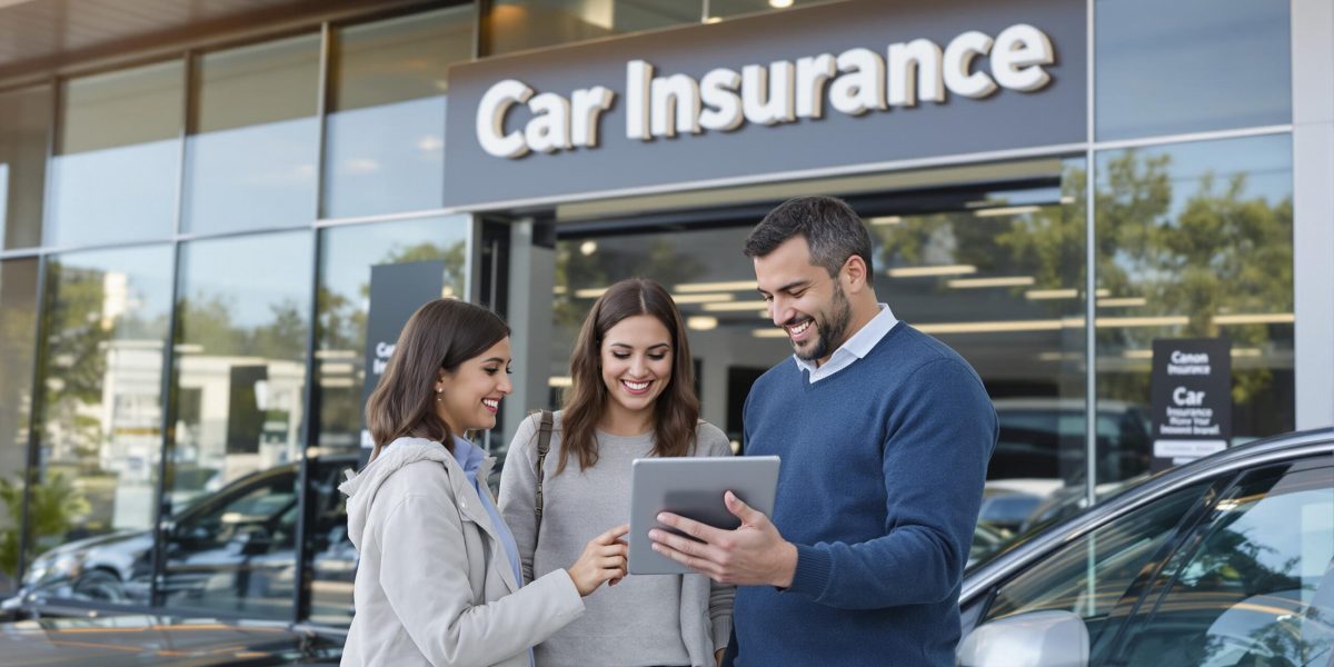 Young couple with dealer reviewing new car and insurance options at dealership